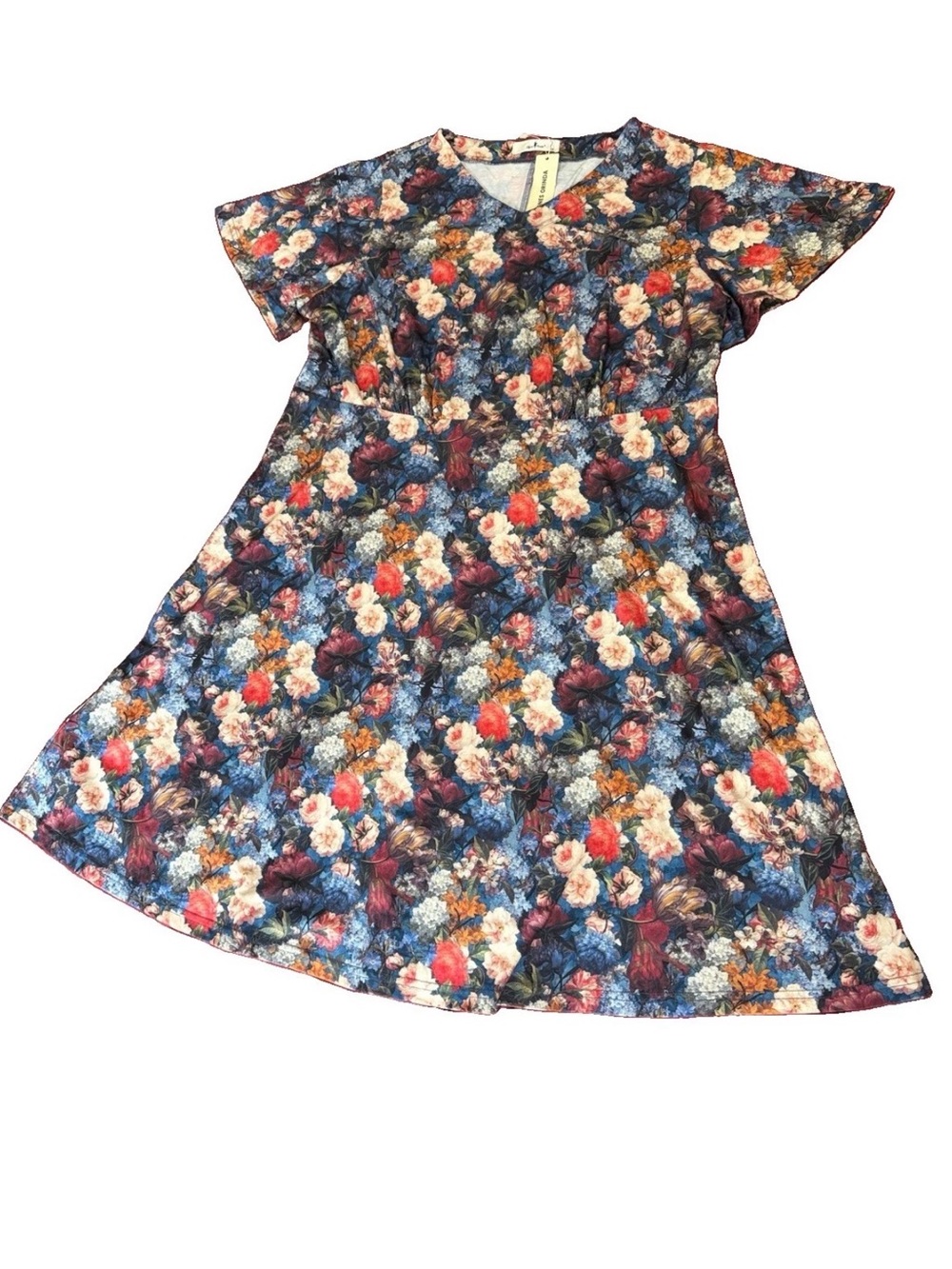 Agnes Orinda NWT Plus Size 1X Floral V-Neck Short Sleeve Midi Dress - Blue